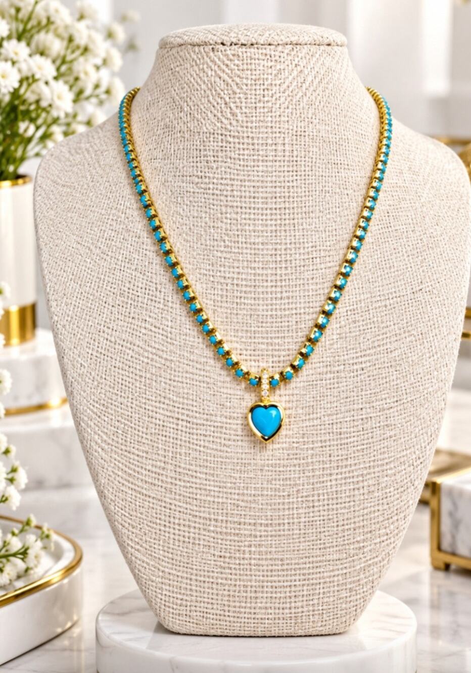 18KT Gold Plated Turqouise Blue Tennis Heart Pendent Necklace New